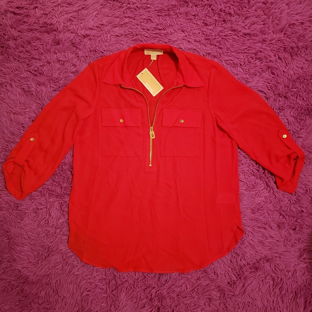 💼Michael Kors True Red Mk Charm Zip Blouse